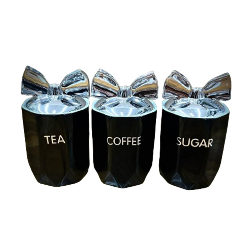 Biznest Set Of 3 Jars Bow Lid Kitchen Canister Jar For Tea Coffee Sugar Storage Pots Marble Effect Home Decor Dining Table Eye-Catching Silver