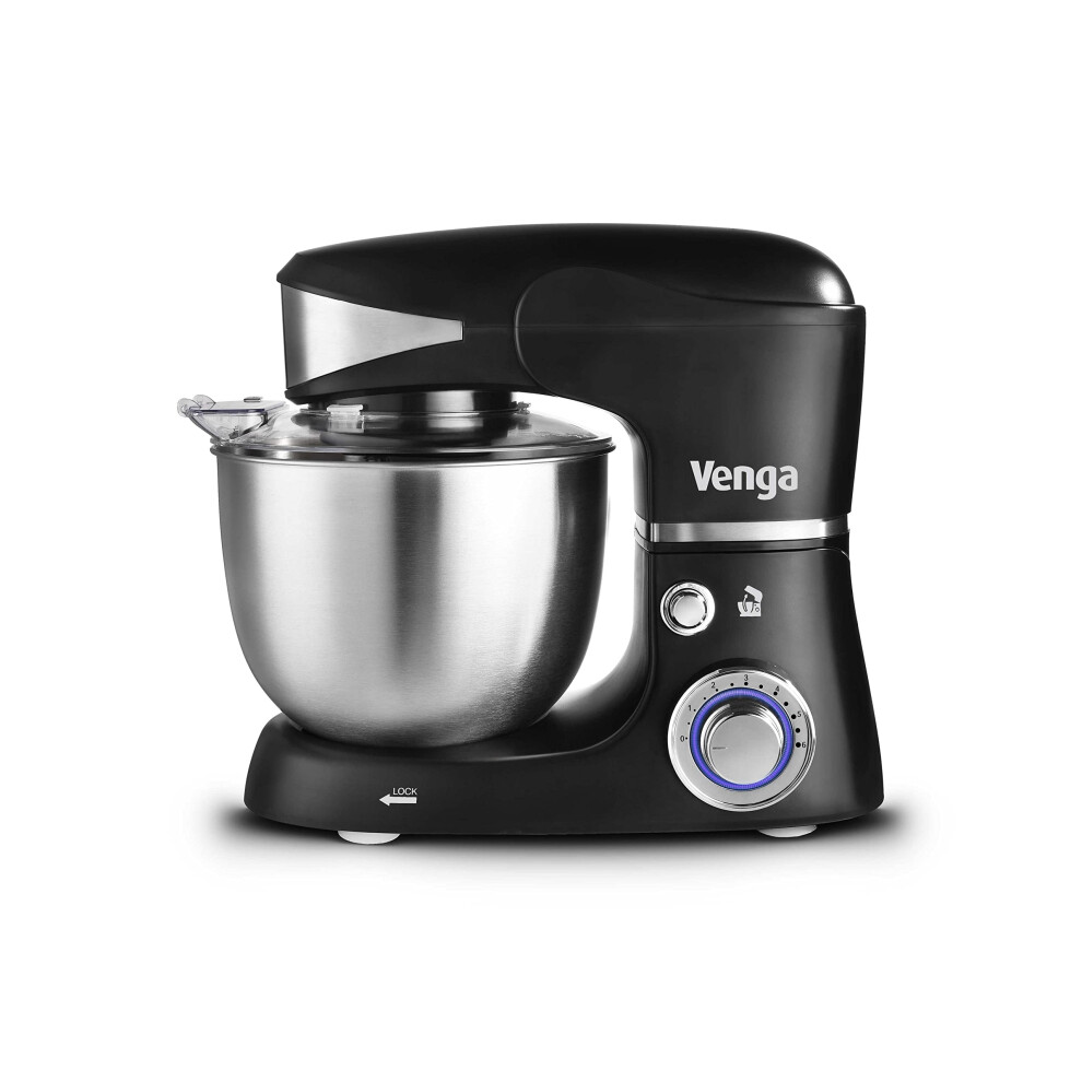 Venga! Stand Mixer, Perfect for Baking Cakes with Balloon Whisk, Flat Beater, Dough Hook and 5 Litre Stainless-Steel Bowl, 1000 W, Black, VG M 3014 BS-image-OPC-PJ27PW5-NEW