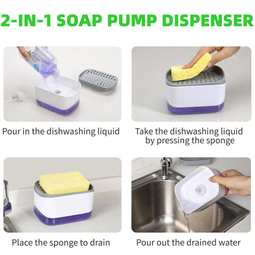 Opvaskedispenser til k?kkens?bedispenser og svampeholder Bords?bepumpedispenser 2-i-1 s?bedispenser-?n h?nds s?bepumpedispenser (hvid) 2