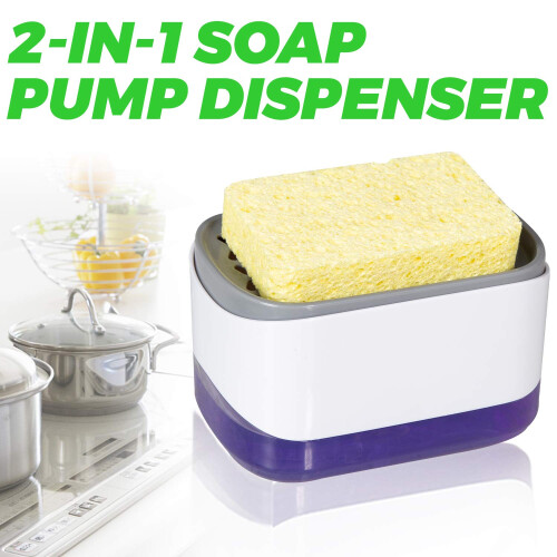 Opvaskedispenser til k?kkens?bedispenser og svampeholder Bords?bepumpedispenser 2-i-1 s?bedispenser-?n h?nds s?bepumpedispenser (hvid) 1