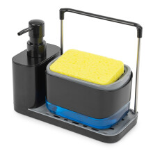 Fineway 3-in-1 Automatic Refillable Soap Dispenser Set with Sponge Holder, Black Sink Caddy Organiser for Kitchen & Bathroom (Black)