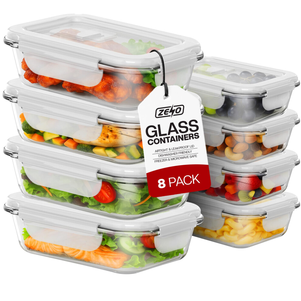Zeno-Watch Zeno Glass Containers With Lids 8 Pack | Meal Prep Containers | Glass Food Container With Lid, Airtight Seal, Leakproof Lid | Dishwasher Safe |