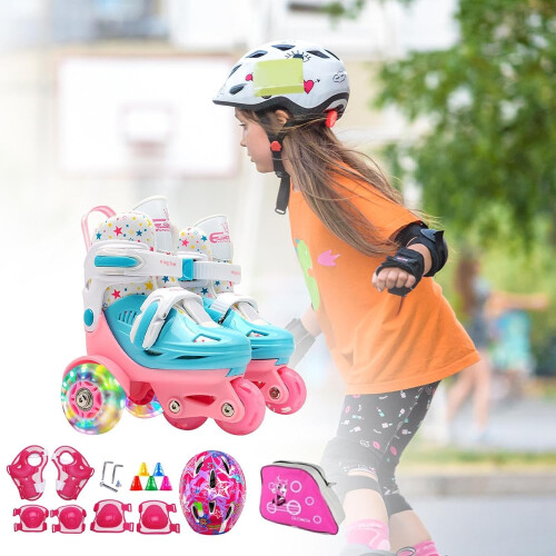 Adjustable roller skates for beginners  Threepoint balance for children, storage bag. Pink E 1