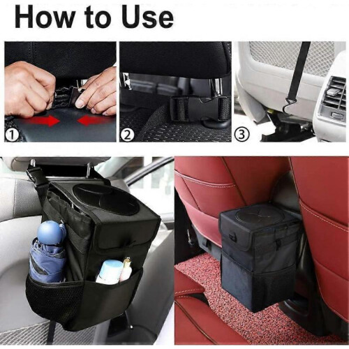 Hanging Car Trash Can with Storage Pockets Foldable Vehicle Trash Bag 2