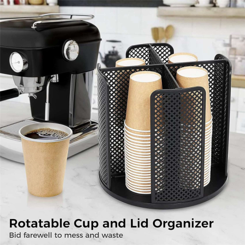 Rotatable Cup and Lid Organizer with 4 Compartments Black 2