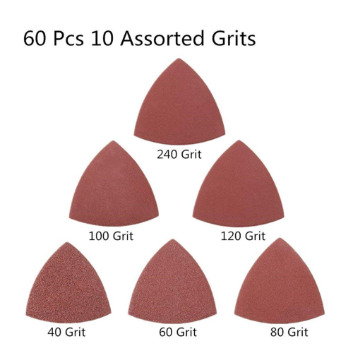 60 peças de lixa triangular, adequada para 3-1/8 polegadas, grãos 40, 60, 80, 100, 120 e 240 1