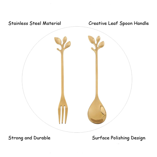 5Spoon+5Forks Stainless Steel Leaf Spoon Fork Dessert Spoons, Golden 2