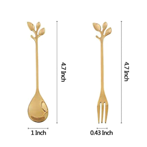 5Spoon+5Forks Stainless Steel Leaf Spoon Fork Dessert Spoons, Golden 1