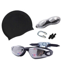 (Black) Swimming Cap And Swim Goggles Set Anti Fog Anti UV Mirrored Swimming Kits