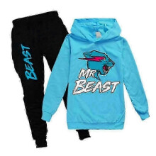 (9-10 Years,Light Blue)Mr Beast Lightning Cat Kids Boys Girls Tracksuit Pullover Hoodie Jogging Pants Outfit 2pcs/set