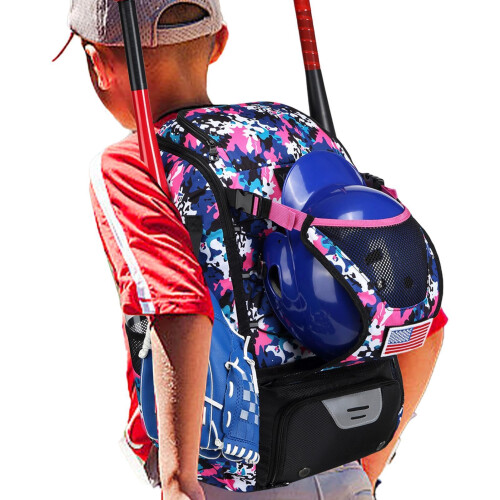 Baseball backpack for bats, glove holder, helmets, shoe compartment