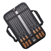 Robust 10piece kebab skewer set made of stainless steel with comfortable wooden handle