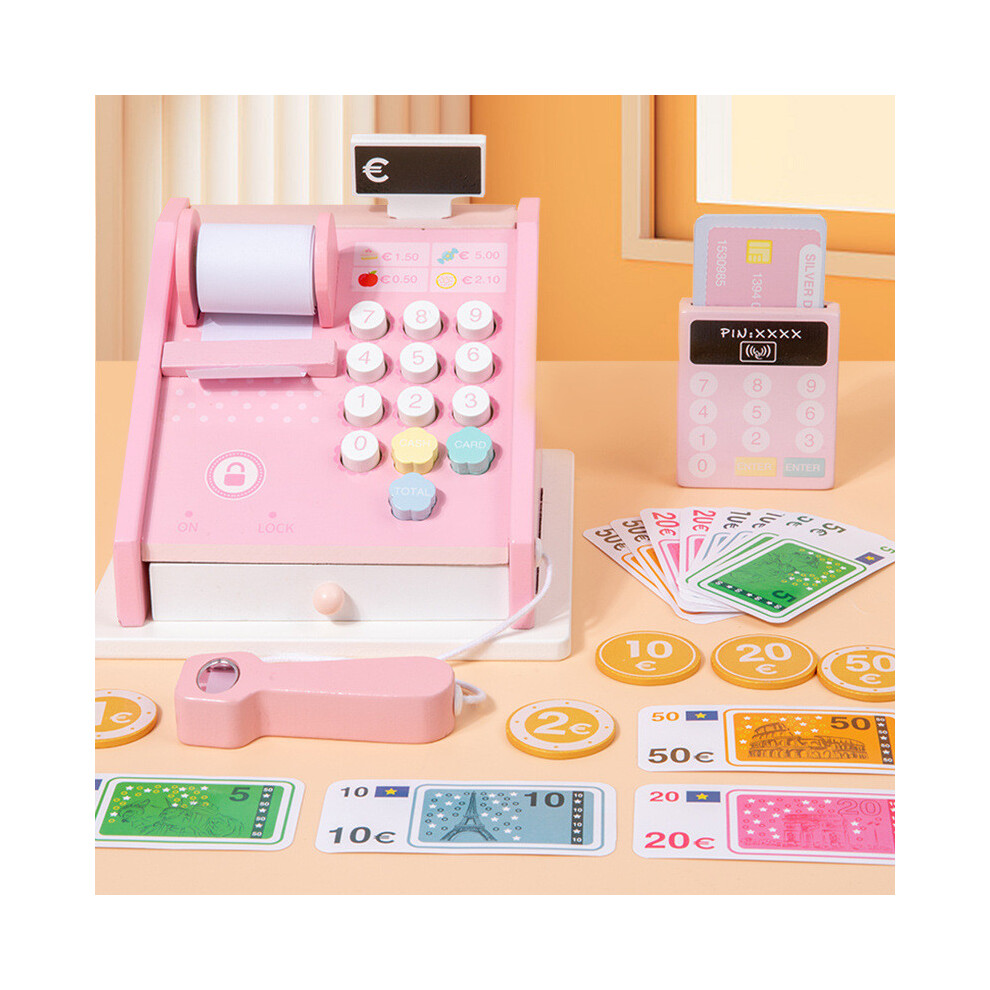 Supermarket Wooden Cash Register Playset Realistic Features Storage Box For Kids