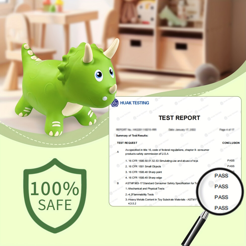 Mdsrjone (Green) Durable Inflatable Triceratops Bouncy Hopper Toy | Soft Edges, Indoor/Outdoor Play & Birthday Gift For Boys & Girls (Green), Pvc Ride-On Anima Green