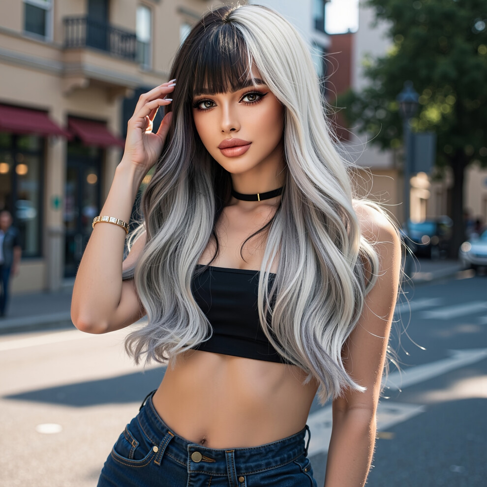 Yeepano Unisex (Double Color Matching, 66.04Cm) Lace Wig With Bangs, Graduated Color, Long Curls, And Rose Net Cap For Women