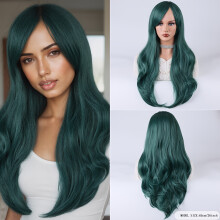 (Dark Green, 66.04cm) 66.04cm Dark Green Curly Wave Wig with Bangs - Natural Look for Cosplay, Halloween, and Everyday Style - Unisex Adult Hairpiece