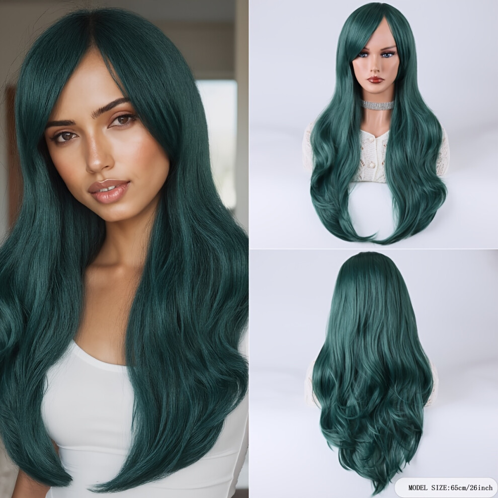 Yeepano (Dark 66.04Cm) 66.04Cm Dark Curly Wave Wig With Bangs - Natural Look For Cosplay, Halloween, And Everyday Style - Unisex Adult Hairpiece Green