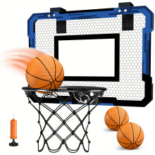 (Without Scoreboard) Indoor Basketball Hoop With Electronic Scoreboard - Mini Over-the-Door Design, Blue & White Hexagonal Pattern, Includes 3 Orange Balls & Training Tool