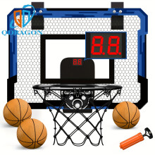 (With Scoreboard) Indoor Basketball Hoop With Electronic Scoreboard - Mini Over-the-Door Design, Blue & White Hexagonal Pattern, Includes 3 Orange Balls & Training Tool