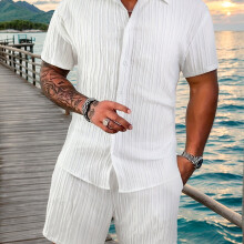(White, 50) Men's New Large Size Simple Comfortable Lightweight Short Sleeve Shorts 2pcs Set