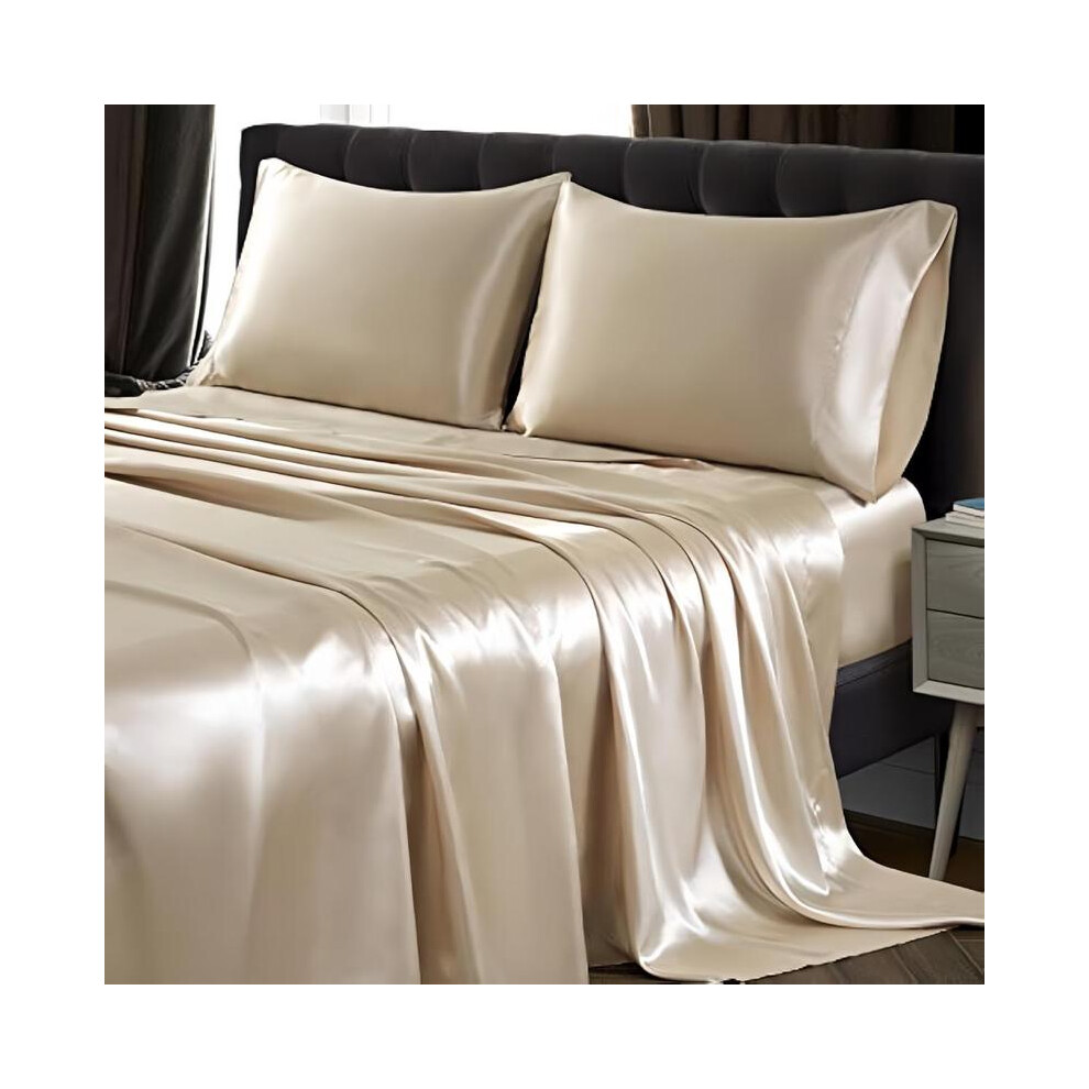 (Khaki, 4pcs UK-Super King(180*200cm/70.9*78.7inch)) Solid Color Satin Bedding Set, 3/4 Counts Includes 1 Flat Sheet, 1 Fitted Sheet, and 1/2 Pillowca-image-OPC-PJ2C5X6-NEW