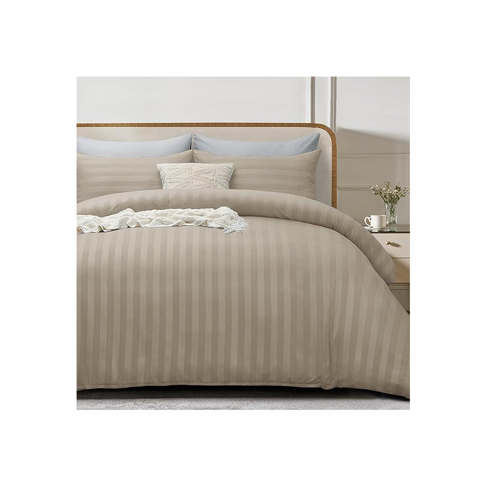 (Beige, Double) 4 Piece  Duvet Cover Set - Duvet Cover and Fitted Sheet with Pillow cases - Satin Stripes Soft Brushed Microfiber comfort bedding- ava-image-OPC-PJ2CC7X-NEW