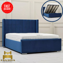 (Grey (with Mattress), 5ft King (without Gaslift)) Winged Panel Double Bed Plush 54in Headboard with Mattress & Ottoman Gas Lift Storage Option
