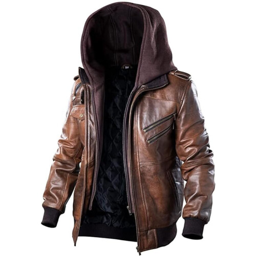 (Small) Leather Motorcycle Jacket for Men - Genuine Leather Bomber Jacket with Removable Hood