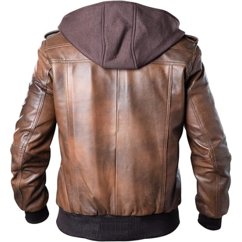 (Small) Leather Motorcycle Jacket for Men - Genuine Leather Bomber Jacket with Removable Hood 2
