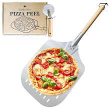 Buddys Store Perforated Pizza Server, Aluminium Pizza Shovel, Pizza Peel with Long Removable Wooden Handle 35.5 x 30.5 cm, Total Length 62.8 cm