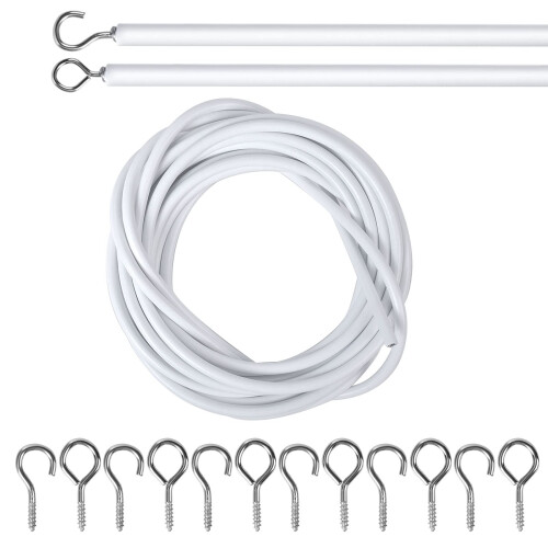 5 m white curtain wire with 6 screw eyelets and 6 hooks