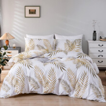 Bed Linen 200x220cm Gold White Leaves Duvet Cover Set 3Piece Microfibre