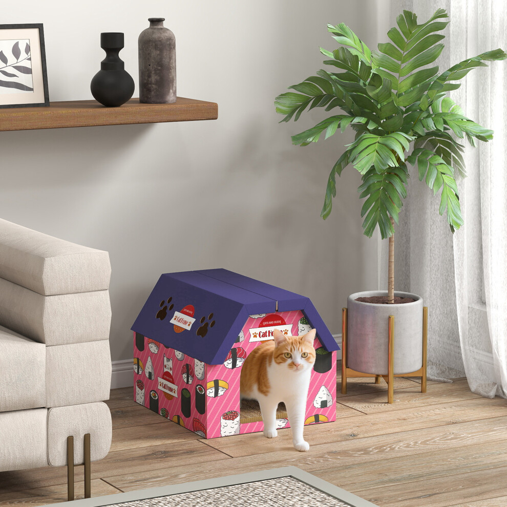 Pawhut 2-In-1 Cat Scratching Board House With 4 Paw-Shaped Vents, Pink - Image 3