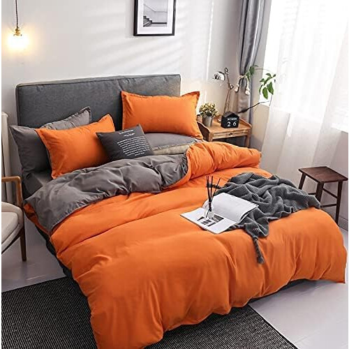 Orange Grey Reversible Bed Linen Set 2Piece Microfibre Duvet Cover 1