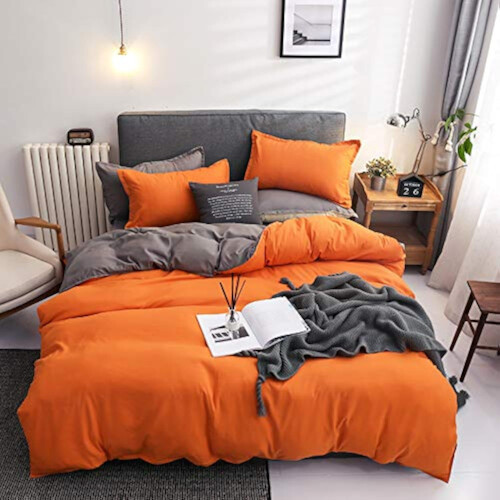 Orange Grey Reversible Bed Linen Set 2Piece Microfibre Duvet Cover