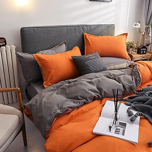 Orange Grey Reversible Bed Linen Set 2Piece Microfibre Duvet Cover 2