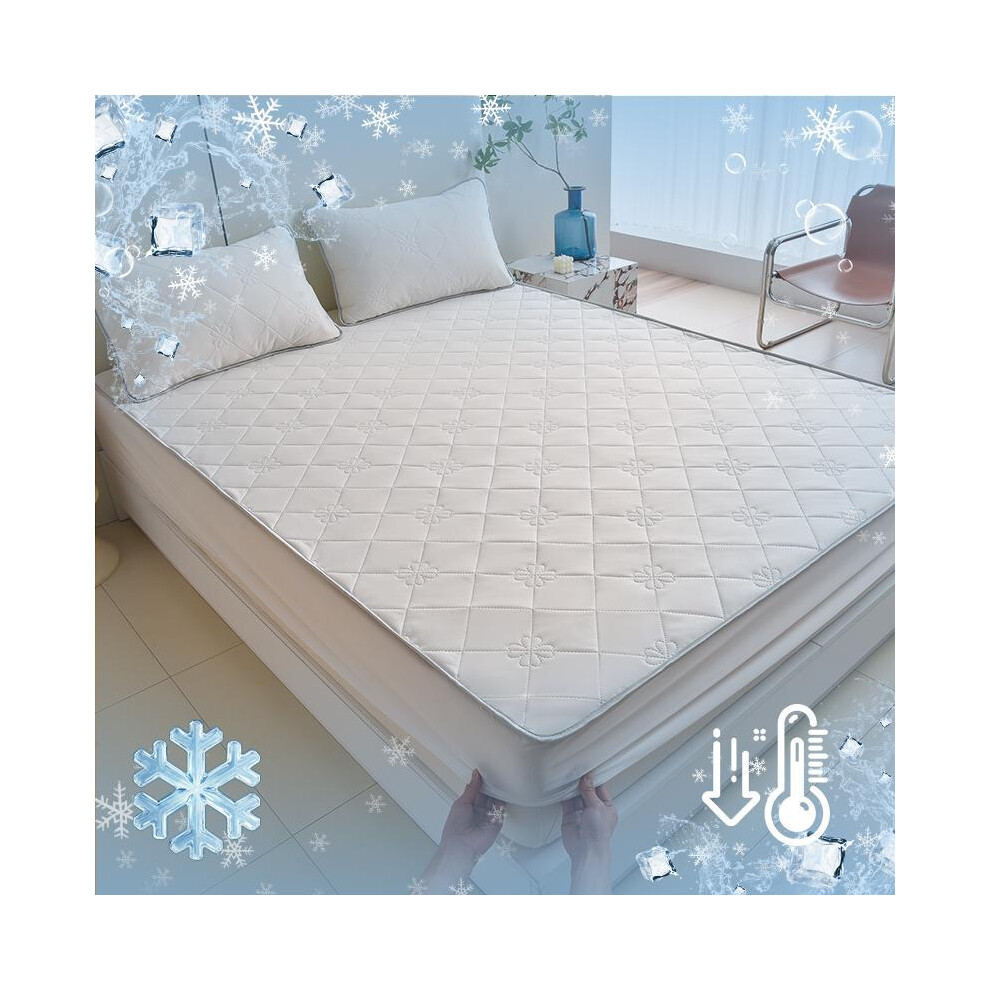 (Cream, 160*200+30cm/63.0*78.7+11.8inch) Ice Cooling Mattress Cover Set, 3 Counts/set Including 1 Count Fitted Sheet & 1/2 Counts Pillowcase, Breathab-image-OPC-PJ2FFQD-NEW