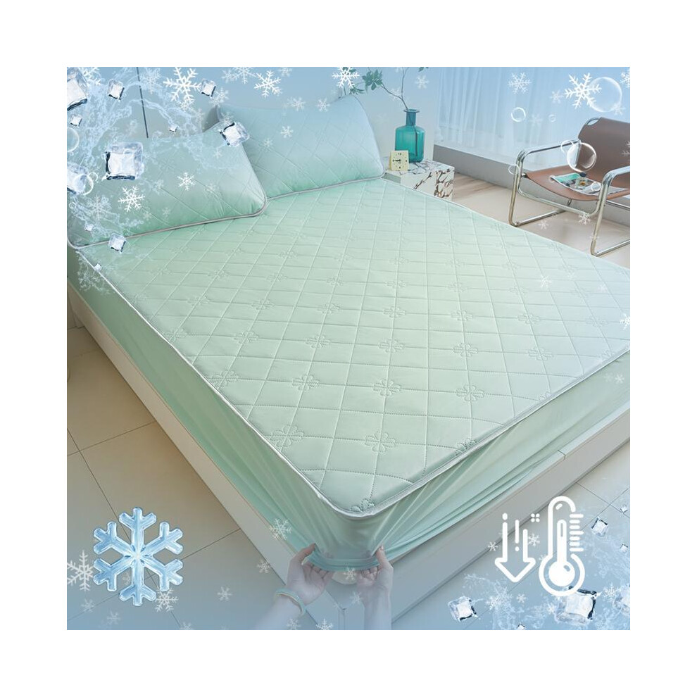 (Mint Green, UK-Double/53.1*74.8+11.8inch) Ice Cooling Mattress Cover Set, 3 Counts/set Including 1 Count Fitted Sheet & 1/2 Counts Pillowcase, Breath-image-OPC-PJ2FFS6-NEW