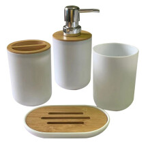 4-Piece Bamboo Bathroom Set: Toothbrush Holder, Soap Dish, Lotion Dispenser & Mouthwash Cup – Eco-Friendly, Modern White & Bamboo