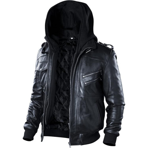 (Medium) Black Leather Motorcycle Jacket for Men - Genuine Leather Bomber Jacket with Removable Hood