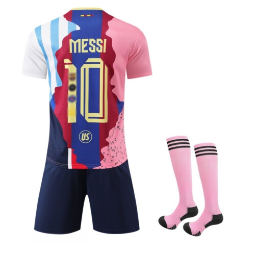 (24(130-140CM)) 2526 Special Customized Activewear Print 10 Messi Football Fans Jersey Shirt Set For Kids