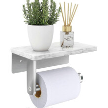 ZENGO Brushed Nickel Toilet Paper Holder with Natural Marble Shelf, Screw Wall Mounted, Tissue Roll Holder for Bathroom Washroo