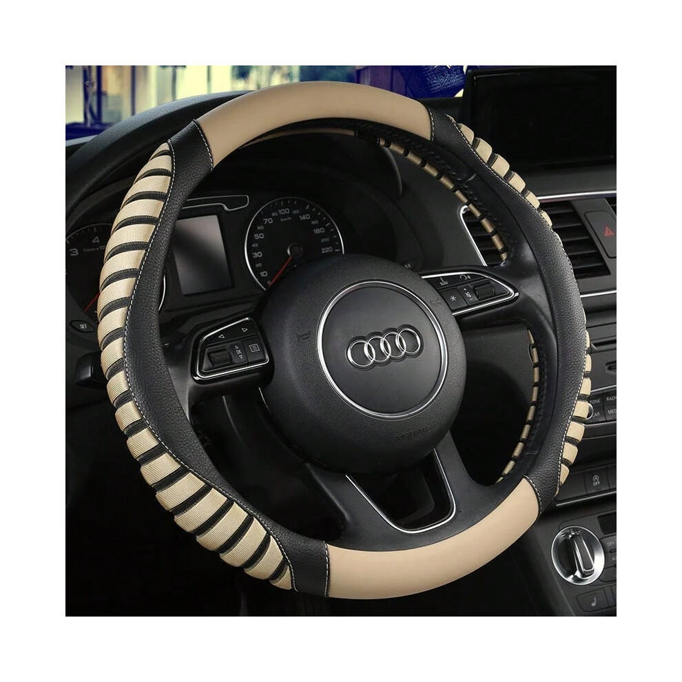 (Ice Silk Leather Grips-Black Beige, round) [Applicable to thousands of car models] Car steering wheel cover universal for all seasons, non-slip, brea-image-OPC-PJ2FRKN-NEW