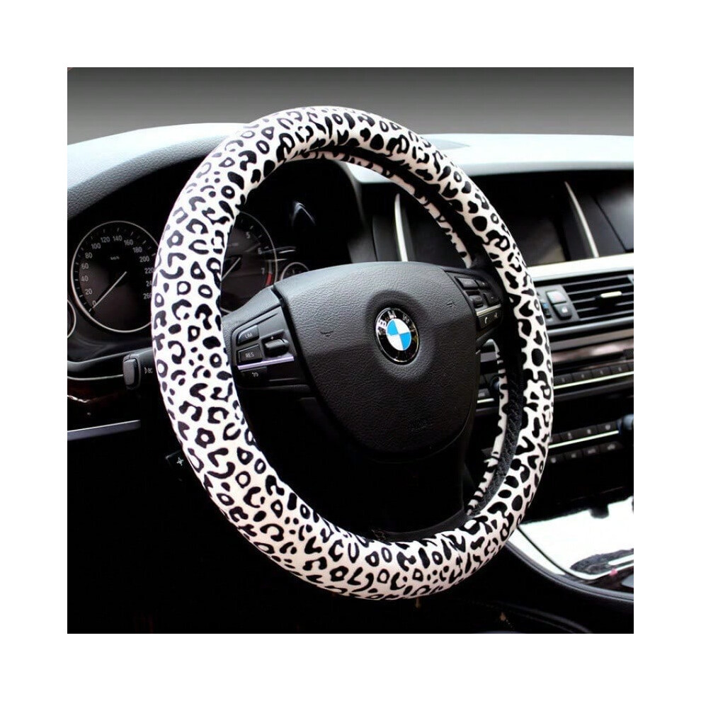 (White Leopard, Round) Autumn and winter car steering wheel cover leopard print plush cover winter warm non-slip four seasons universal-image-OPC-PJ2FRMQ-NEW