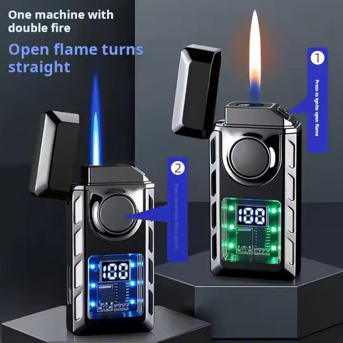 MultiFunctional Double Flame Lighter with Coloured Lights, Intelligent Jet Flame, Adjustable Flame, Refillable Butane  Gift for Men (Black) 1