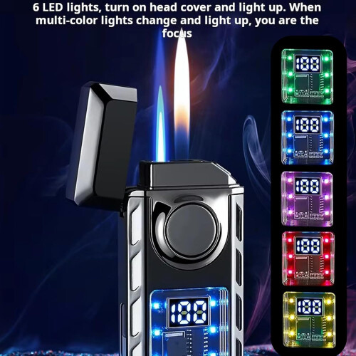 MultiFunctional Double Flame Lighter with Coloured Lights, Intelligent Jet Flame, Adjustable Flame, Refillable Butane  Gift for Men (Black) 2