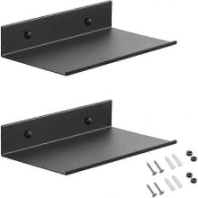 2 Pcs 20cm Black Wall-Mounted Floating Metal Shelves with Holes & Screws for Living Room, Shower