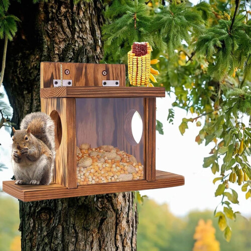 woodsquirrel feeder for outside chipmunk feeding station made of solid wood 1