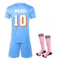 (26(140-150CM)) 2526 Miami Sky Blue Away Activewear Print 10 Messi Football Fans Jersey Shirt Set For Kids
