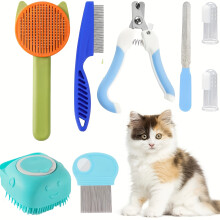 (Blue) 8pcs Cat Brush Grooming Set, Pet Nail Clippers and File Kit, Flea Comb, Shampoo Brush, Pet Deshedding Brush, and Silicone Toothbrush